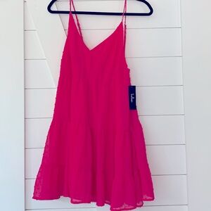 LuLus Woman's Flair For Fun Hot Pink Swiss Dot Tiered Mini Dress Sz Large